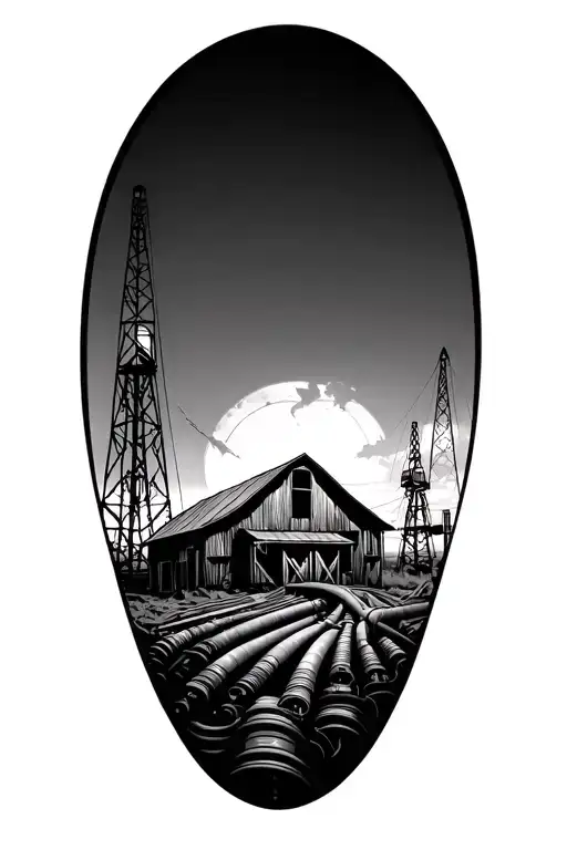 Create A Tattoo Of A Barn Surrounded By Oil Rigs And Pipelines