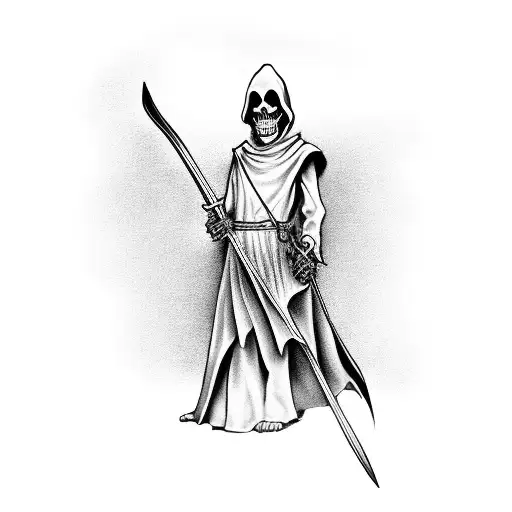 Grim Reaper Holding A Scythe And A Scroll By His Feet