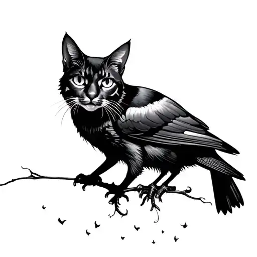 Cat And A Crow Perched On Top