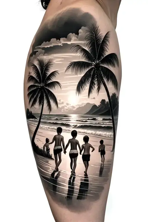 Realism Tattoo Of A Beach With A Sunset And Palm Trees With 4 Kids Running On The Beach