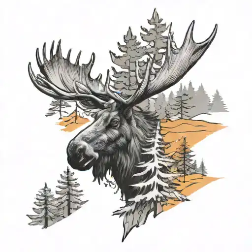 In A Moose Leaf Mountain Fir Trees Orange Background