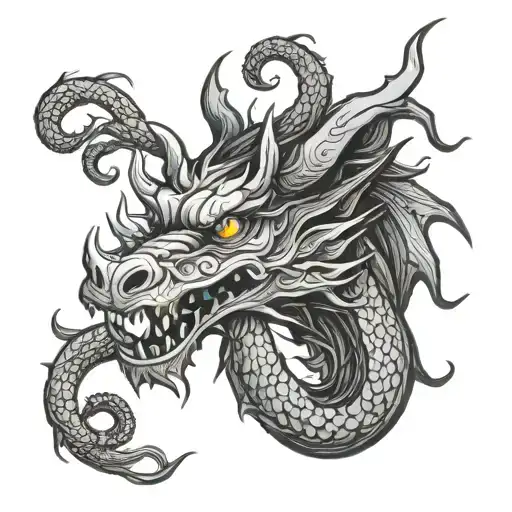 Woodcut Style Tatto Of A Mythical Dragon Coiled