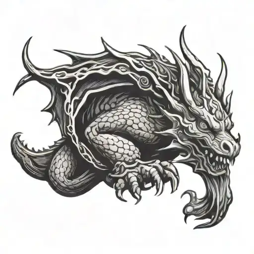 Woodcut Style Tatto Of A Friendly Dragon Sleeping