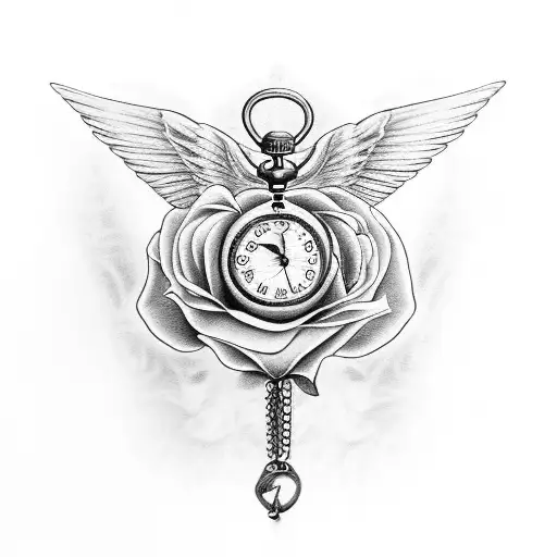 Single Angel Wing With A Rose And Pocket Watch And Butterfly