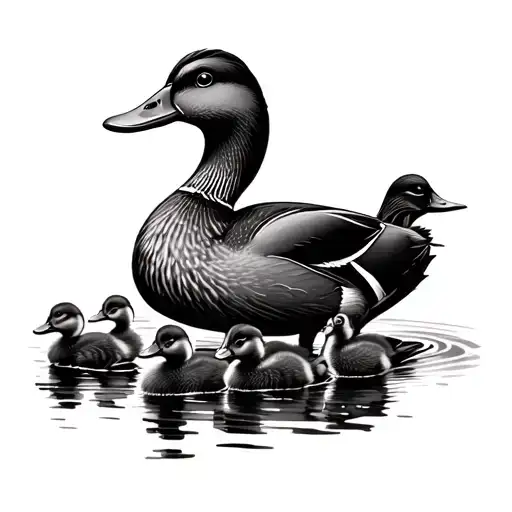 Mother Duck With 3 Ducklings Following Their