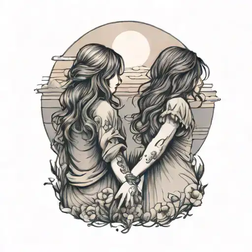 Two Sisters Holding Hands Under A Courageous Sunset