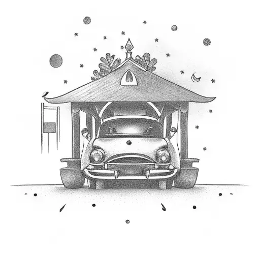 Car Driving Down Highway On Starry Night Towards Gazebo And Waterfall