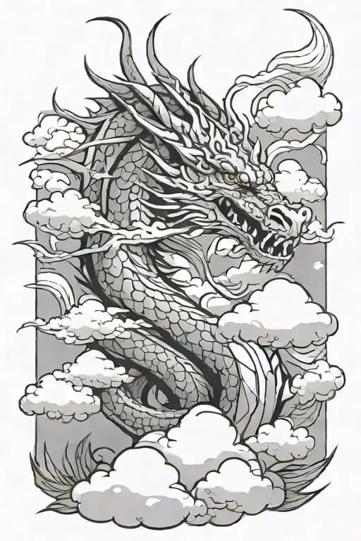 A Dragon Going Down Between The Clouds
