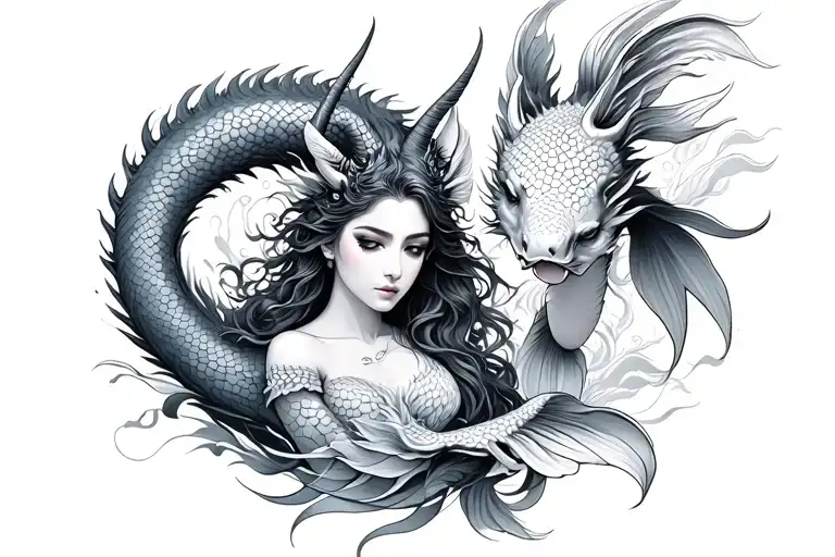 Capricorn Goddess With Koi Fish And A Dragon