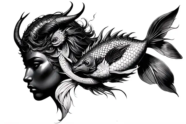 Capricorn Goddess With Koi Fish And A Dragon