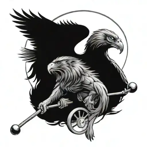 A Lion And An Eagle Facing Each Other With A Crosstraining Barbell Between Them