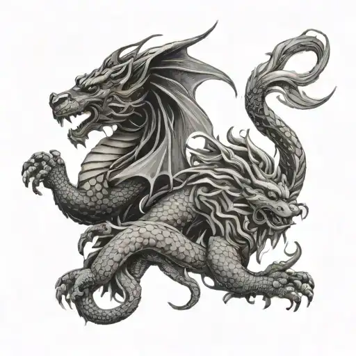 Dragon And Lion Strong Bond Represented By Two Intertwined