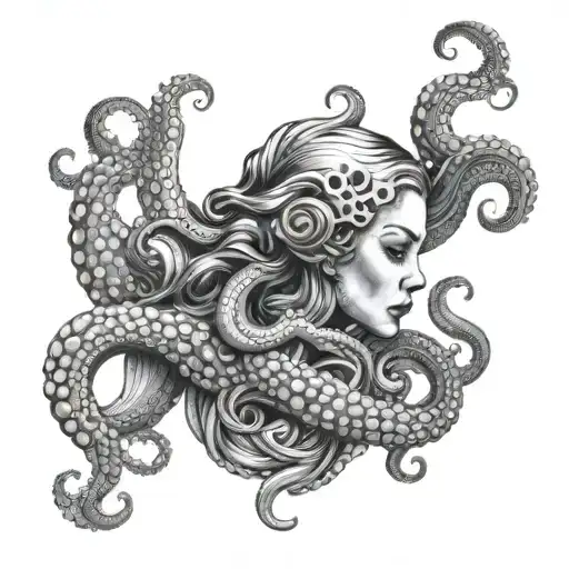 Octopus And Women Face With Dark Art