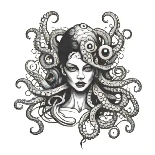 Octopus And Women Face With Dark Art