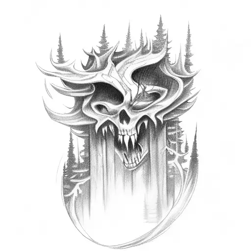 A Sketch-style Tattoo Of A Wanderer Exploring A Demonic Forest