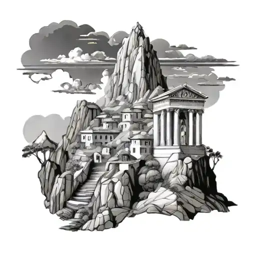 Mount Olympus Extravagant Buildings And Some Statues On A Mountain Island