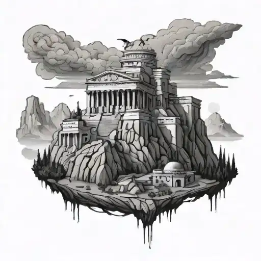 Mount Olympus Castle Like Greek Extravagant Buildings And Some Statues On A Mountain Island