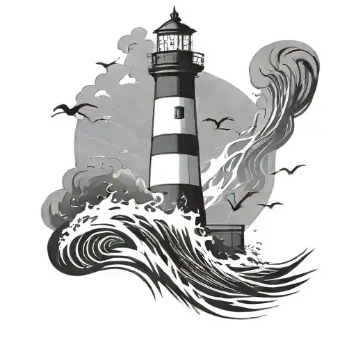 Lighthouse With Wave And Lightning Bolts