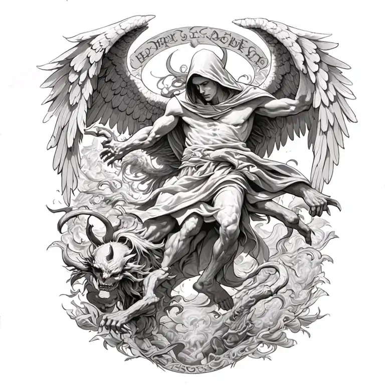 Hooded Arch Angel Defeating A Demon