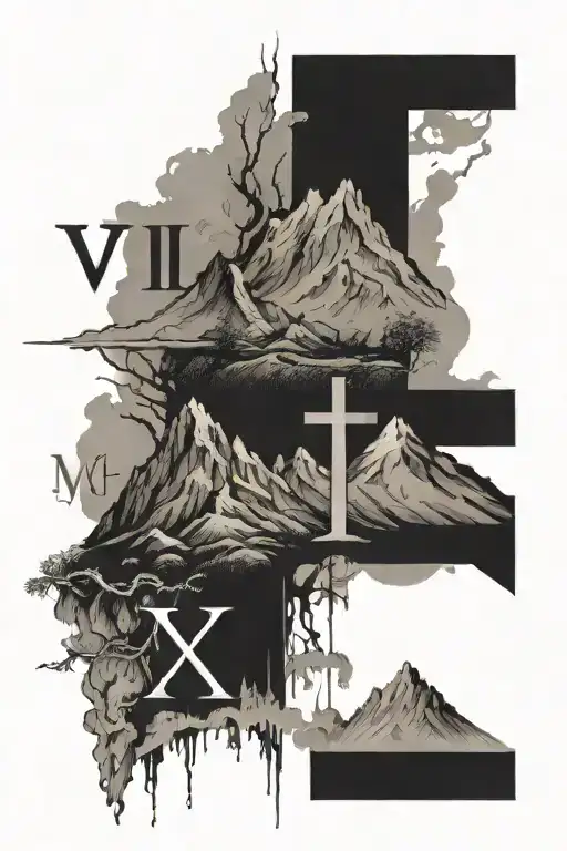 Mountins And Cross And Roman Numeral Numbers V-xiii-mcmlxxxviii And Viii-xx-mcmlxxix
