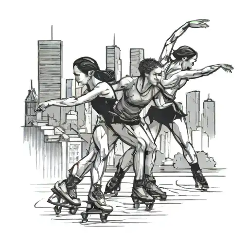 A Figure Skater Coaching A Group Of Young Skaters In Front Of A Backdrop Of A City Skyline