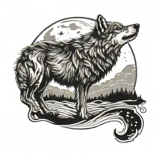 Wolf With The Account In A Landscape And The Head Looking At The Moon