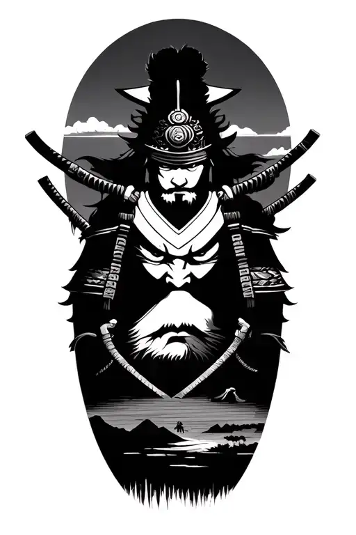 Full Body Japanese Warrior Holding A Japanese Bow In A Landscape Below A Japanese Warrior Head