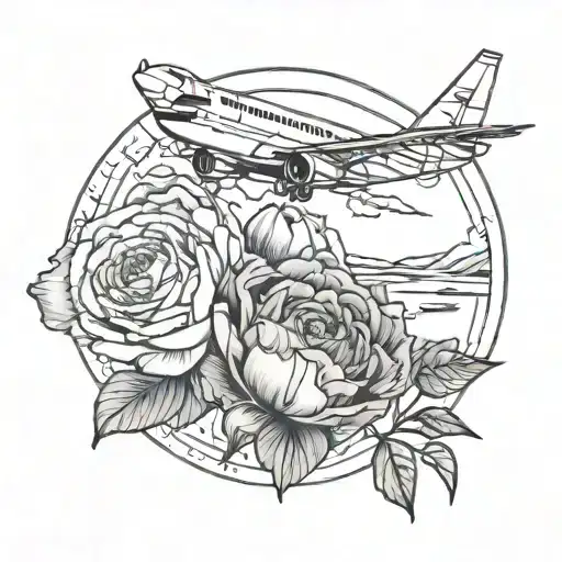 Circle With Romania Outline With A Plane Flying Around And Flowers On Side Tulips Roses And Peonies