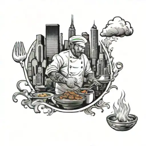 Chef Cooking Up A Storm In A Big City Skyline In The Background