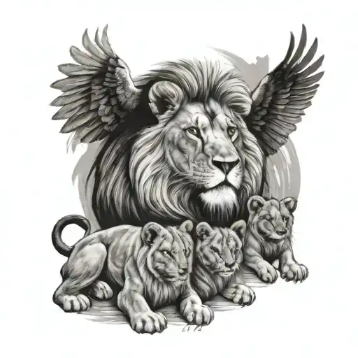 Lion With Three Cubs And An Eagle Below