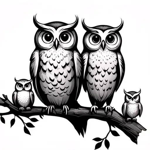 Mom And Dad Owls And Three Baby Owls Sitting On A Branch Cartoon