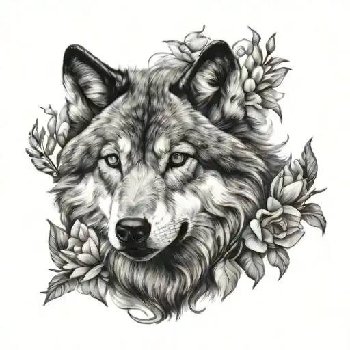 Realistic Wolf Face Surrounded By Flowers