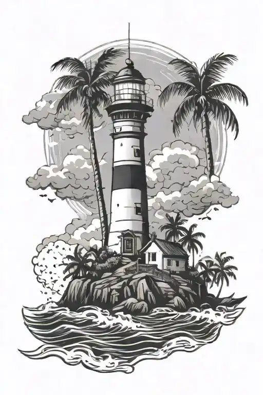 Lighthouse In A Storm With Palm Trees And Boat Sailing
