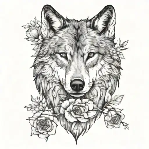 Realistic Wolf Face Facing Forward Surrounded By Lots Of Flowers