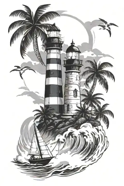Lighthouse In A Hurricane With Palm Trees And Boat Sailing