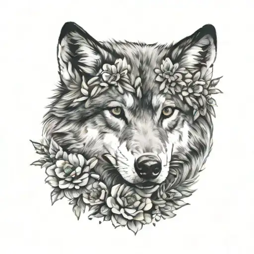 Realistic Wolf Face Facing Forward Surrounded On Right Side By Flowers