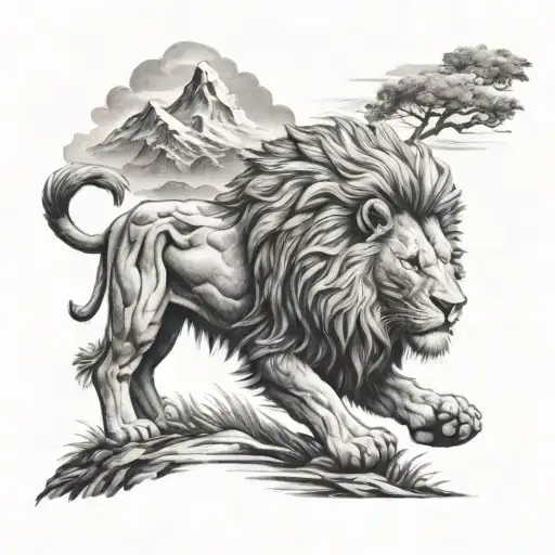A Black And Grey Tattoo Of A Powerful Lion Surrounded By A Wild And Untamed Landscape