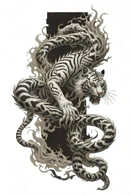 White Tiger Fighting Chinese Dragon In Flames Left Arm