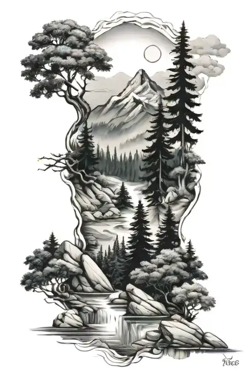 Blue Ridge Mountain Sleeve Tattoo Design Combining River And Forest