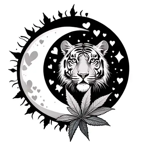 Ganja Leaf With Hearts Monstera Leaf Moon Sun Stars Tiger
