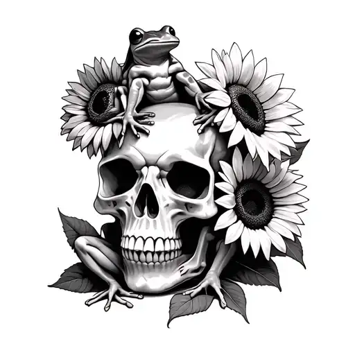 Frogs Next To Sunflowers Sitting On Skull Surrounded