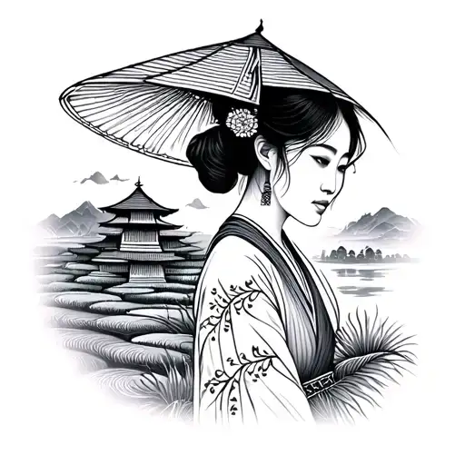 Vietnamese Woman Rice Terrace Stylized Blackwork