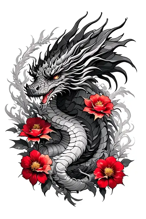 Dragon Up Spine With Red Flowers Around It