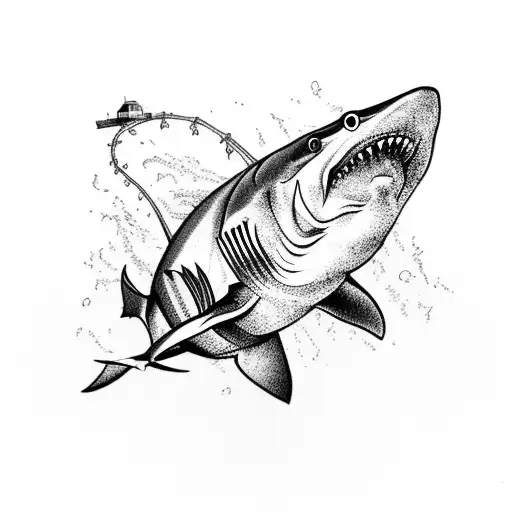 A Fishing Trawler In Shark Filled Water With A Lighthouse