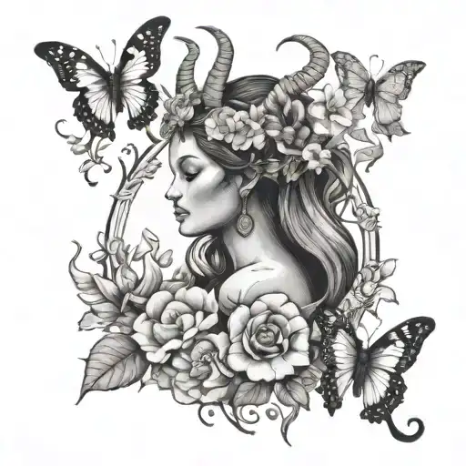 Capricorn Goddess With Flowers And Butterflies