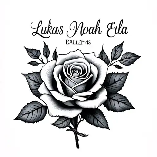 Small Dainty Tattoo With The Names Lukas Noah Ella With A Rose Underneath