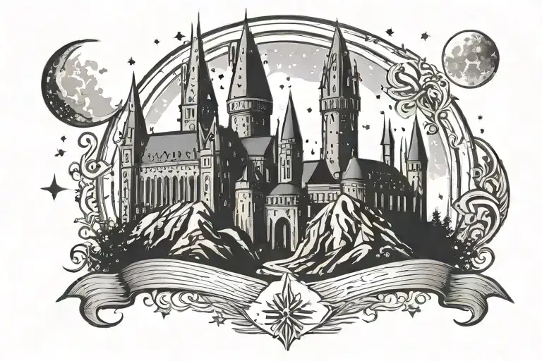 Hogwarts Castle Silhouette With Stars And Moon Surrounded