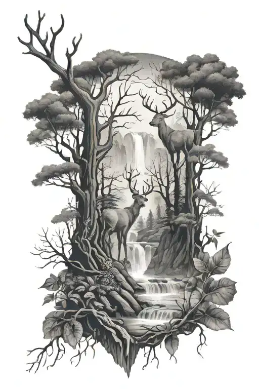 Woods With Deer And Waterfall