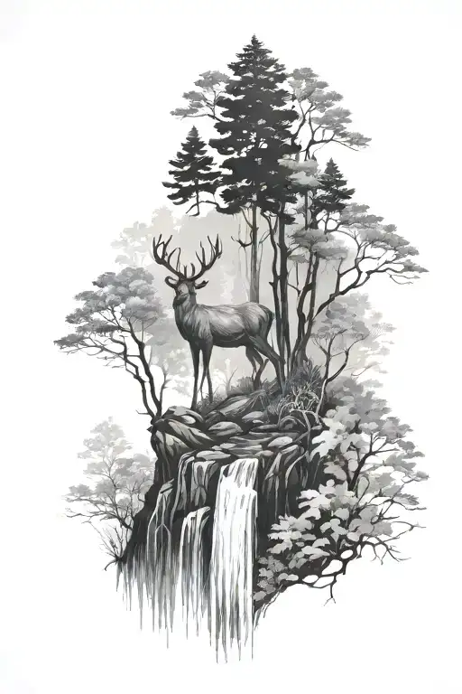 Woods With Deer And Waterfall