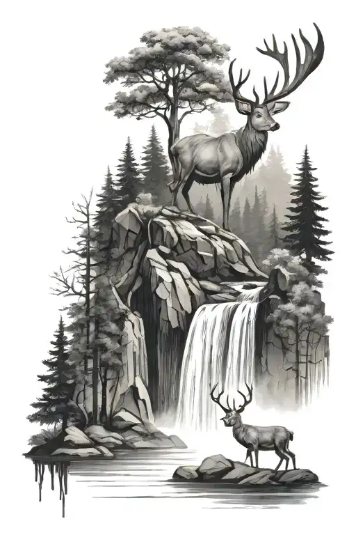 Dark Forest With Deer And Waterfall